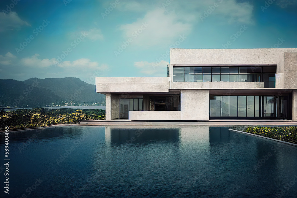 Fototapeta premium modern luxury house next to a pool, tropical environment