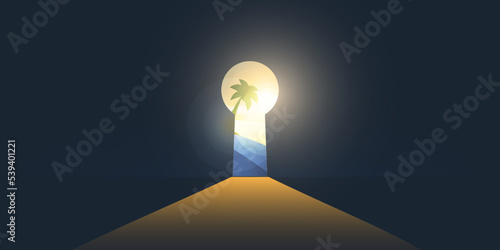Hope, Curiosity, Dreaming or Find New Idea Concept, Key Hole Shaped Exit on Dark Blue Wall, Sun Light, Palm Trees, Sea, Tropical Scene Outside - Template for Business, Vector Design in Editable Format