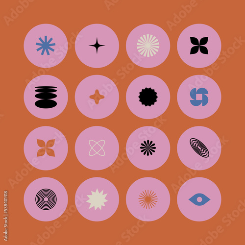 Vector set of template icons for social highlights, business in minimalist brutalist design. Bundle of futuristic shapes and geometric figures.