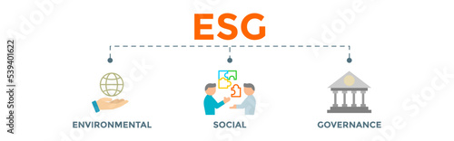 ESG - Environment Social Governance concept banner. Editable vector illustration for investment screening of corporate sustainability.