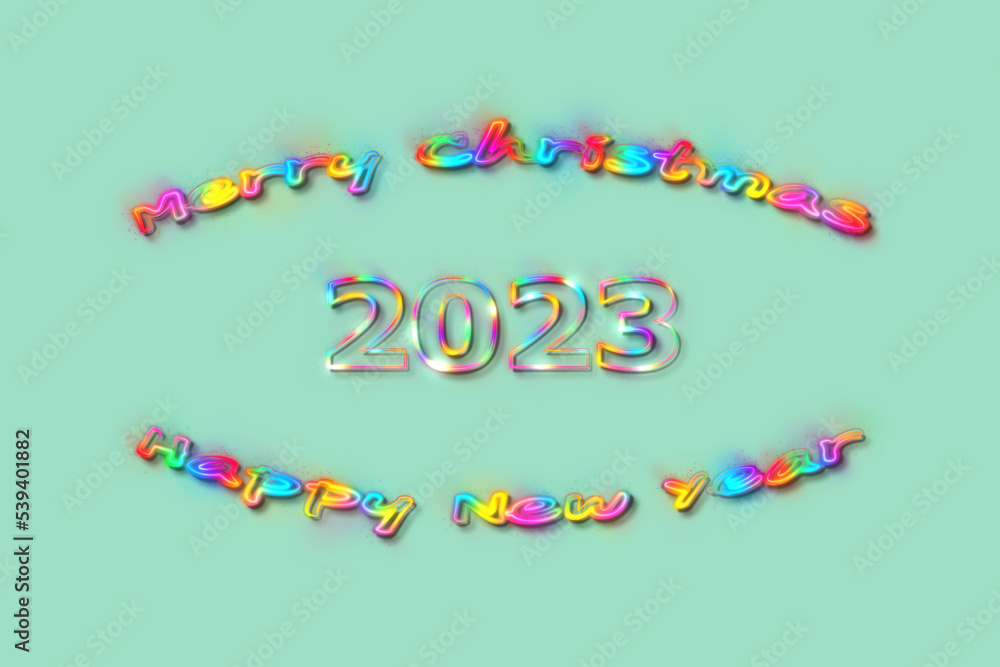 3D illustration New Year concept 2023 design with text glow rainbow design on a beach glass color background. 3D illustration New Year concept 2023 design with text glow rainbow design on a beach glass color background.