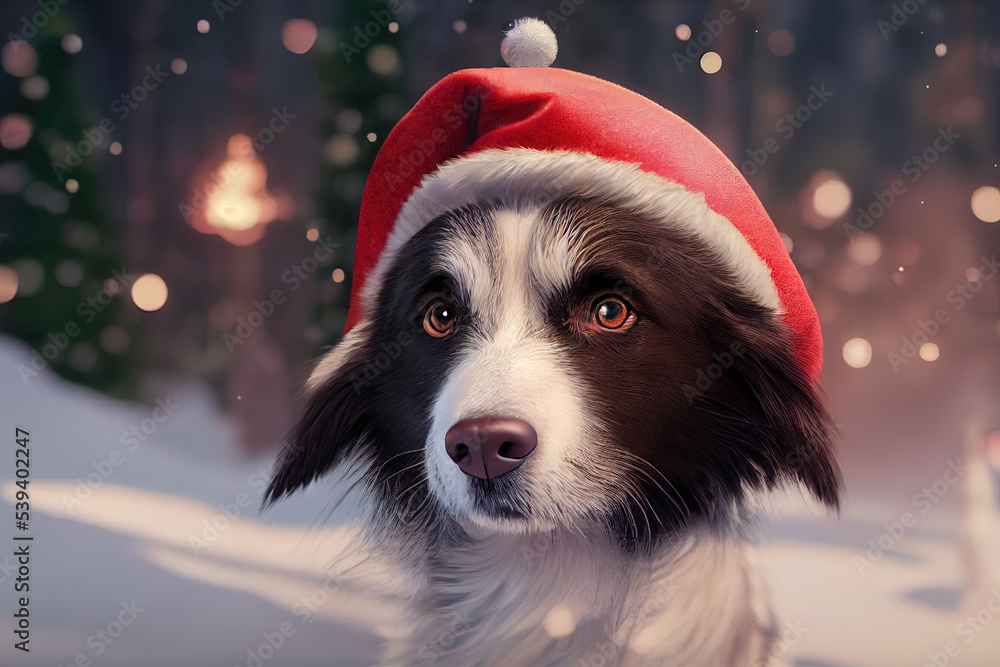  Collie dog in a Santa hat at Christmas