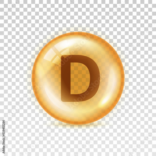 Vitamin D icon. Yellow orb pill isolated on transparent background. Big shape glass circle. Realistic oil 3d bubble. Round sphere nutrition. Design capsule. Deficiency vitamin D. Vector illustration