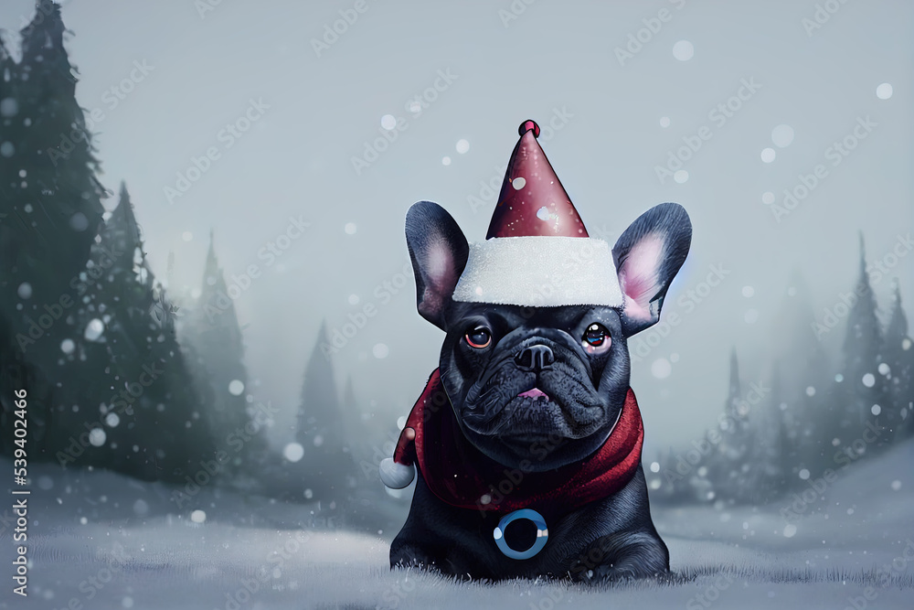French bulldog in a Santa hat at Christmas Stock Illustration