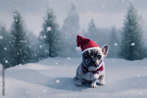 French bulldog in a Santa hat at Christmas photo