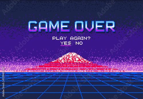Pixel art video game over screen. Mount Fujiyama. Play again question, 8bit arcade or old console final menu pixel background, vintage videogame user failure, player death display vector interface