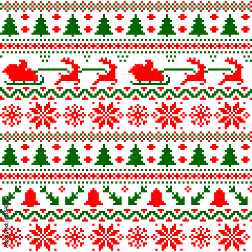 Christmas sweater seamless pattern. Vector background with knitted texture of ugly jumper, nordic ornament of Xmas winter holidays with Christmas trees, snowflakes, deer, Santa, reindeer and sleigh photo