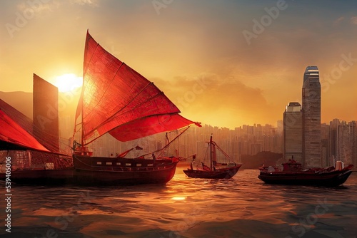 A Chinese red-sail junk boat at sunset. The Hong Kong skyline is pictured in the foreground. 3D illustration.
