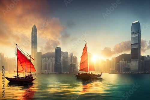 red-sail junk boats sail across a view of Hong Kong skyscrapers and buildings at sunset in China. 3D illustration.