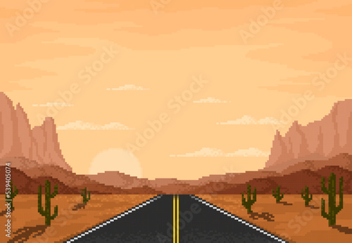 Road in the desert 8bit pixel game landscape. Indie pixel game desert road screen wallpaper, retro game Arizona travel vector background, 8bit arcade highway landscape with canyon, cactus and sunset