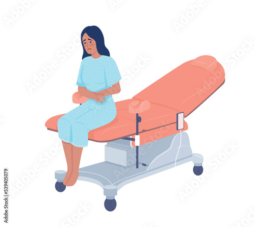 Woman with abdominal pain visiting gynecologist semi flat color vector character. Editable figure. Full body person on white. Simple cartoon style illustration for web graphic design and animation