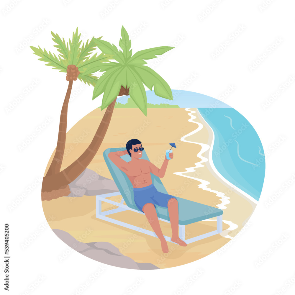 Sunbathing with cocktail in beach chair 2D vector isolated illustration. Tanned man with drink flat character on cartoon background. Colourful editable scene for mobile, website, presentation