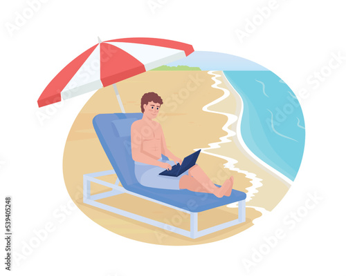 Digital nomad lifestyle 2D vector isolated illustration. Man working on beach flat character on cartoon background. Self-employed freelancer. Colourful editable scene for mobile, website, presentation
