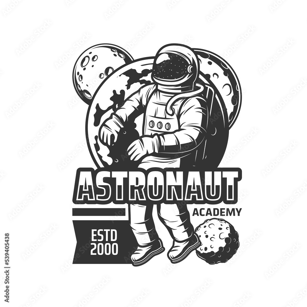 Astronaut academy retro icon. Space program cosmonauts training center monochrome vector emblem with flying in outer space weightlessness astronaut, solar system planets, Earth, moon and asteroids
