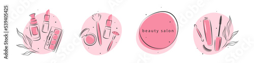 Beauty salon logos set. Makeup tools, cosmetic brushes, lipstick, blush, eyelash extension, brows. Vector illustration
