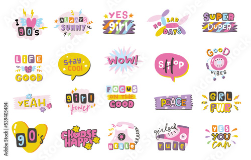 Collection of Cool Cute Vector Design. Y2K.  Trendy Girly quotes Collection. Funny cartoon illustration. Comic element for sticker  poster  graphic tee print  bullet journal cover  card. 1990s  1980s 