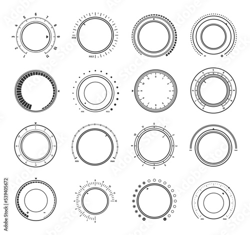 Volume round knob switch dials. Music sound control interface regulators. Power control analog buttons outline sign, UI rotate dials and audio settings regulators vector dials or icons