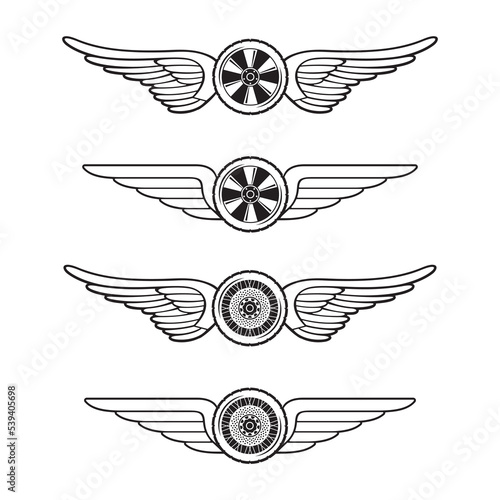 Wheels with outstretched wings isolated on white background for racing club emblem design