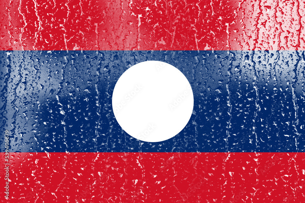 3D Flag of Laos on a glass with water drop background.