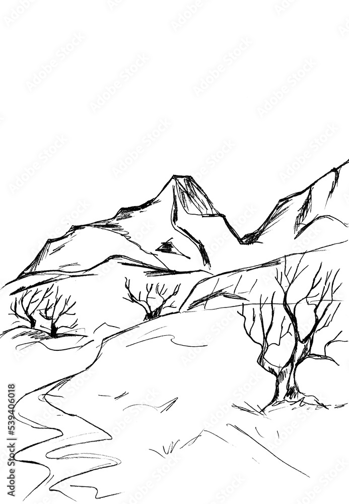 landscape with mountains and trees with bare branches