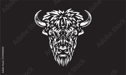Dark background illustration of a buffalo. Head illustration, vector, hand drawn, isolated on black background.