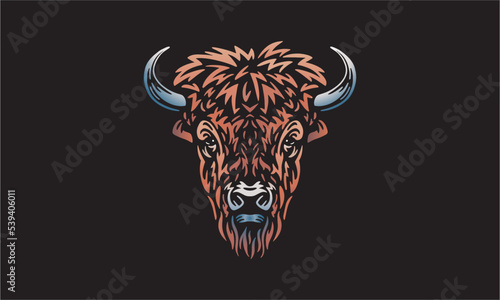 Dark background illustration of a buffalo. Head illustration, vector, hand drawn, isolated on black background.