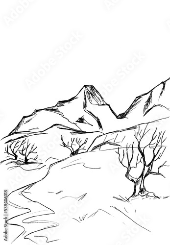 landscape with mountains and trees with bare branches