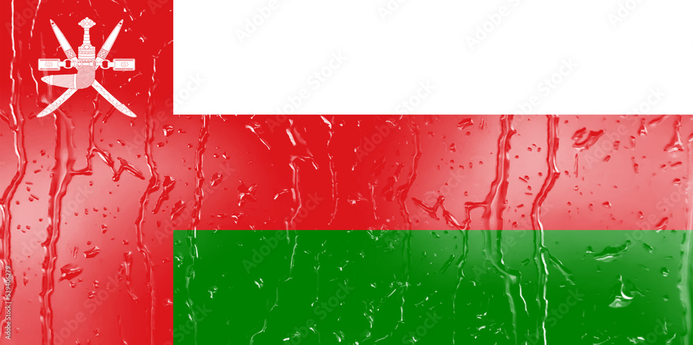3D Flag of Oman on a glass with water drop background.