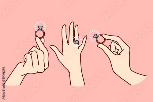 Set of woman hands with engagement ring on finger. Collection of girl palm with wedding jewelry. Marriage and proposal. Vector illustration. 