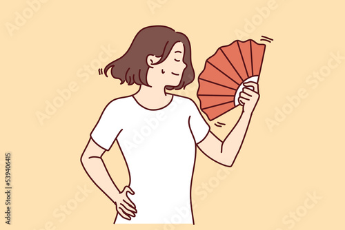 Young woman suffer from hot weather wave with hand fan. Unwell female struggle with heatstroke use waver for fresh air. Vector illustration. 
