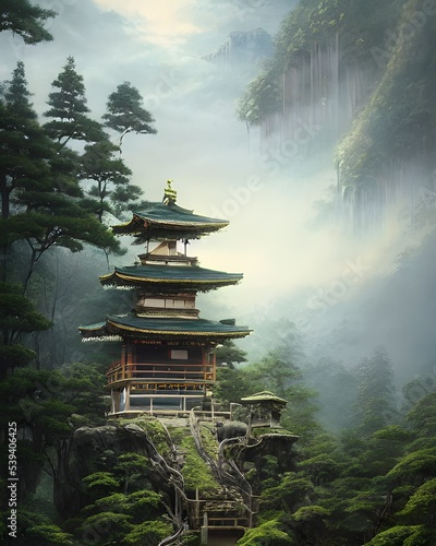 Deatiled beautifull Pagoda in misty mountains 