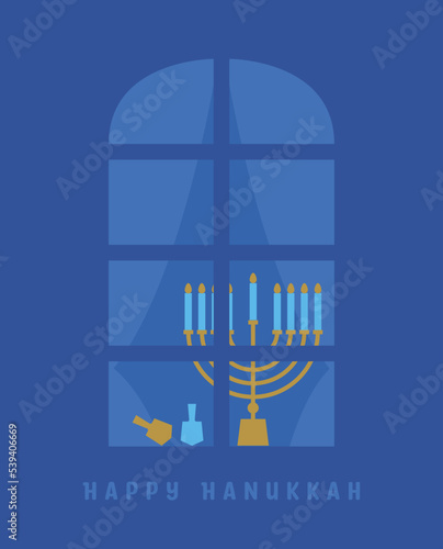 Happy Hanukkah. Celebration with menorah. Hanukkah Menorah and Window. Vector Illustration. Menorah in the window on the eighth night