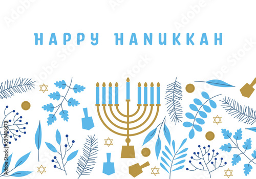 Happy Hanukkah. Celebration with menorah and dreidels, flowers. Blue and white design. Hanukkah religion holiday background with flowers photo