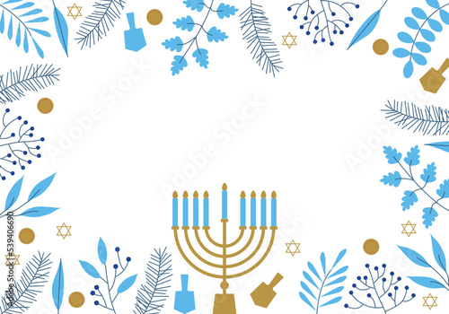 Happy Hanukkah. Celebration with menorah and dreidels, flowers. Blue and white design. Hanukkah religion holiday background with flowers photo