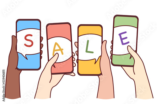 Hands of people holding smartphones with sale announcement or notification on screen. Concept of seasonal promotion and discount and online shopping. Vector illustration. 