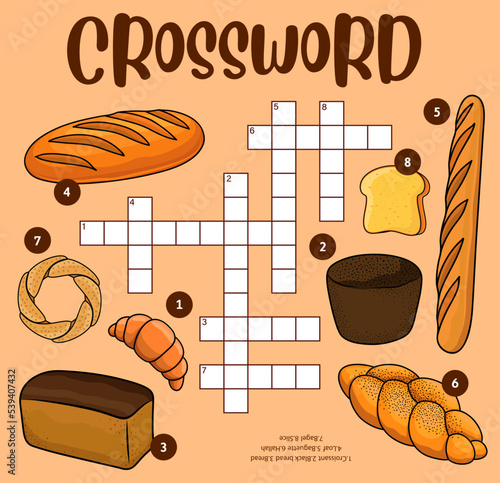 Bread and bakery crossword worksheet. Find a word vector quiz game grid with wheat food, kids education puzzle of baguette, croissant, bread loaf and bagel, challah and toast, fill in squares game