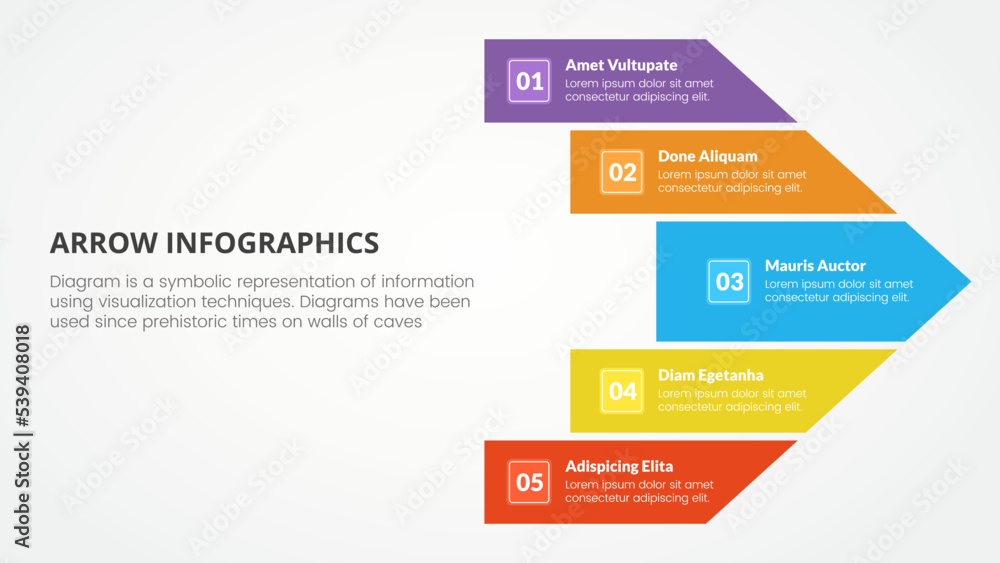 arrow style infographic slide presentation template with modern flat style color with 4 arrow on right side direction