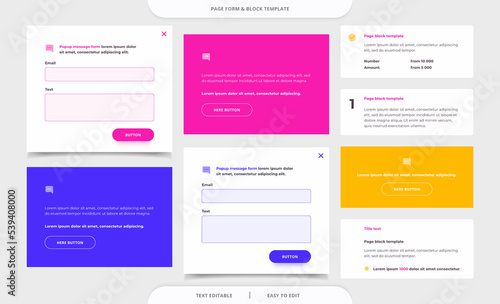 Web page form and block template. Popup message form.  Landing page fragments. Web design template. 