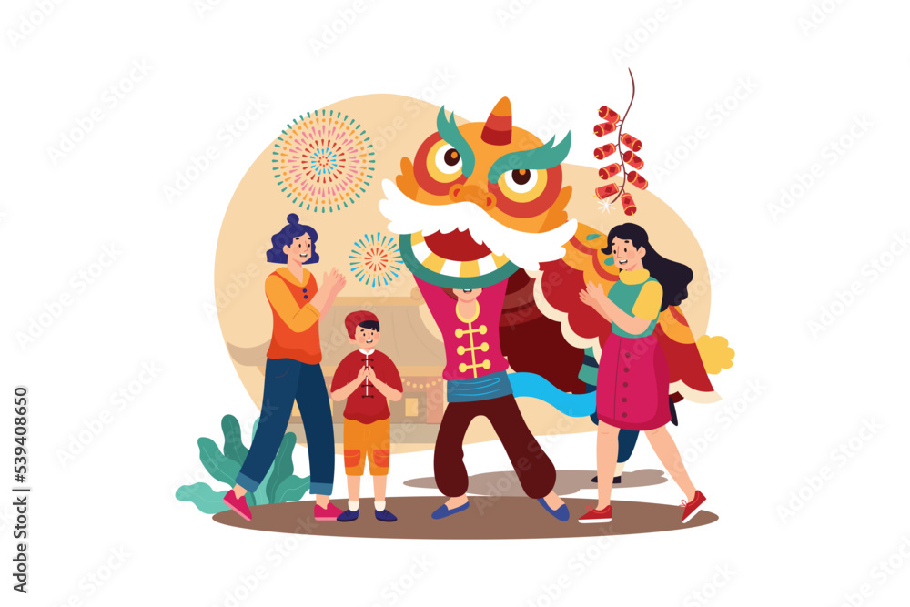 Family watch performing the new year lion dance. Family watch performing the new year lion dance.