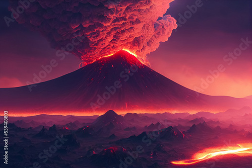 3d illustration of night landscape volcano with burning lava and clouds of smoke
