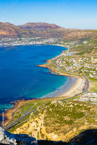 Elevated view of Glencairn beach and Simon's Town in Cape Town.