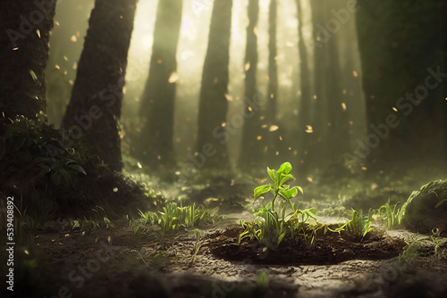 3d illustration of fairy magestic forest with path and sun light photo