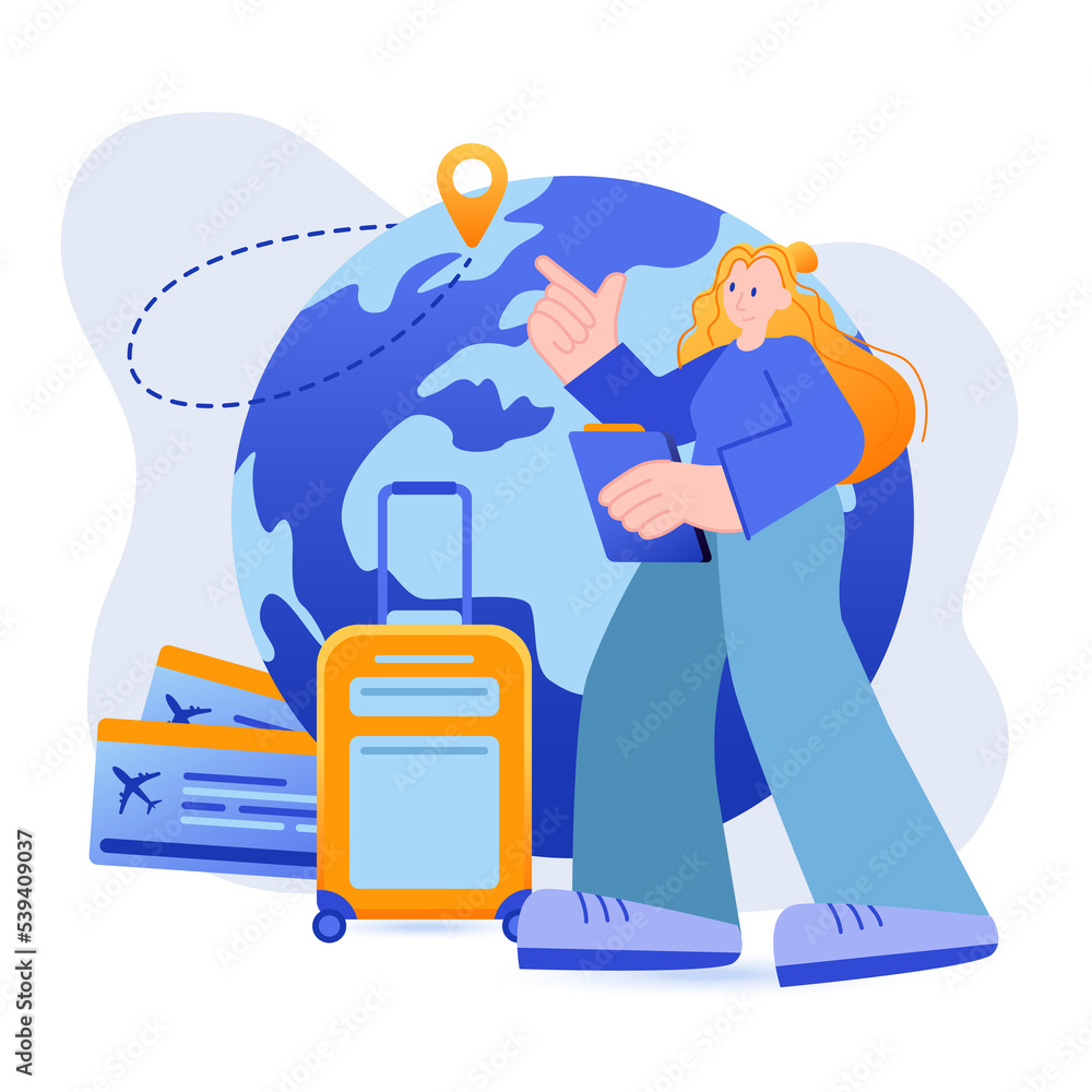 Travel agency concept. Tour operator helps choose vacation trip scene. World tourism, travel with luggage, vacation at resort, adventure. Illustration with people character in flat design