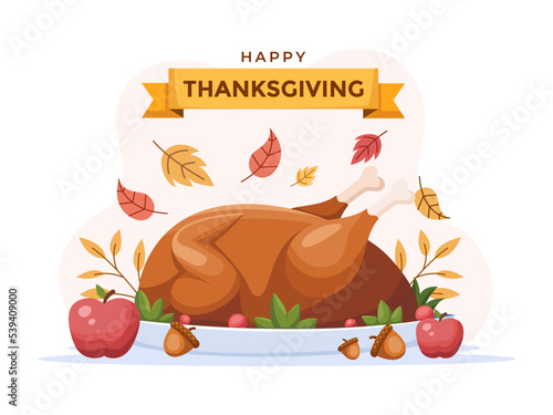 Illustration of roasted or grilled chicken with spices and vegetables.
Cartoon Delicious Chicken Roasted to Celebrate Thanksgiving Day.
Happy thanksgiving.
Suitable for greeting card, banner, web, etc