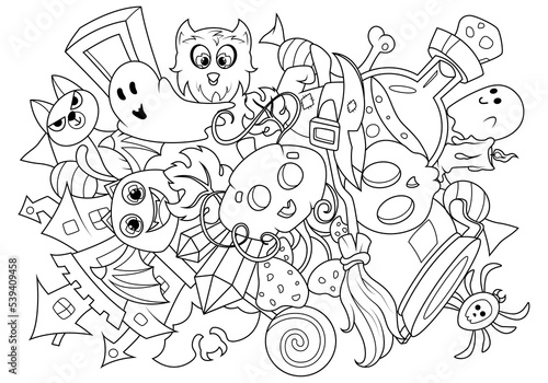 Doodle coloring for children on the theme of Halloween. Funny monsters and items. Vector illustration