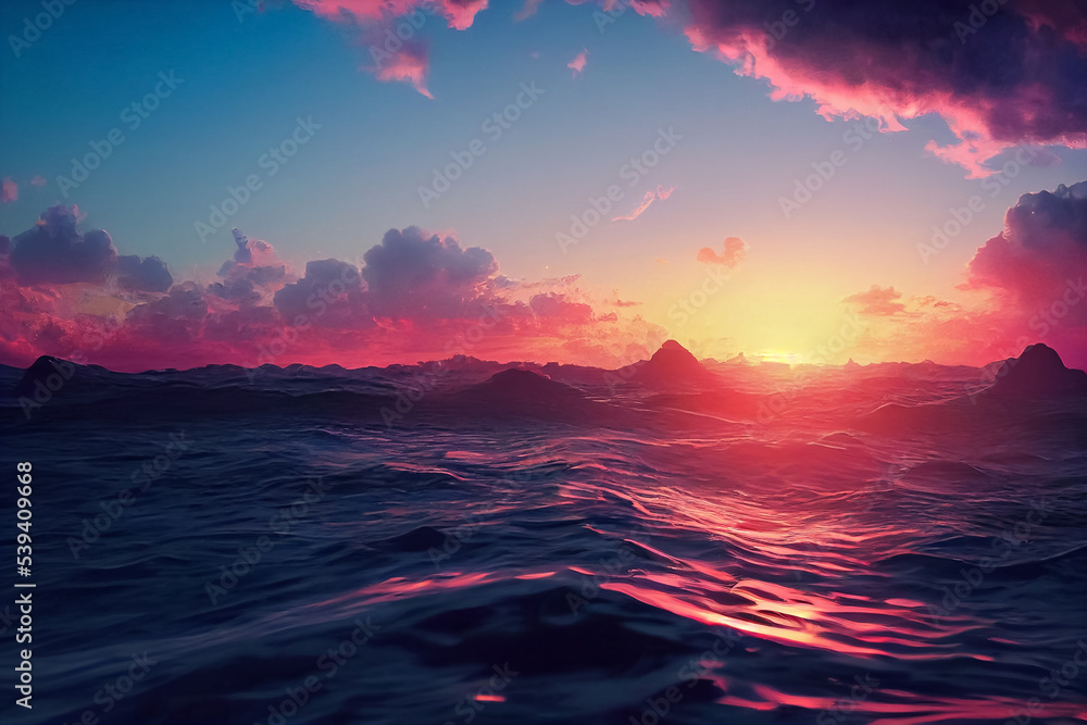 3d illustration of dramatic sky and storm an sea sunset