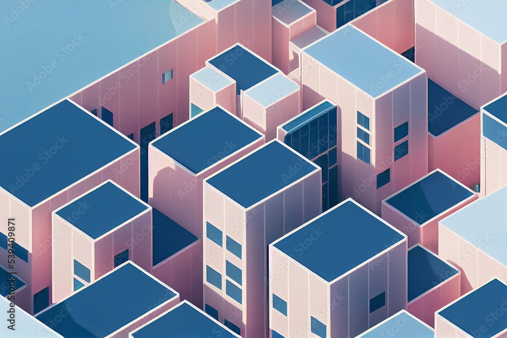 3d illustration of isometric city in blue and pink colors