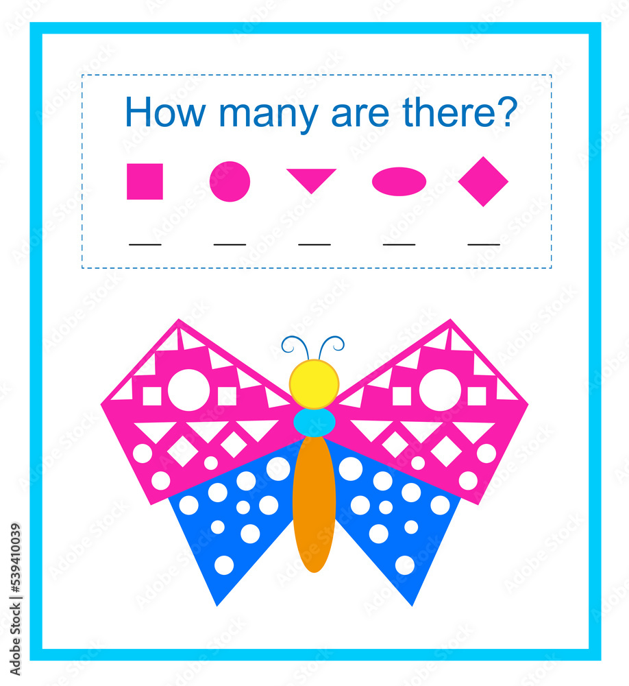 Math activity for children. How many geometric shapes? Developing numeracy skills. Vector illustration Math activity for children. How many geometric shapes? Developing numeracy skills. Vector illustration