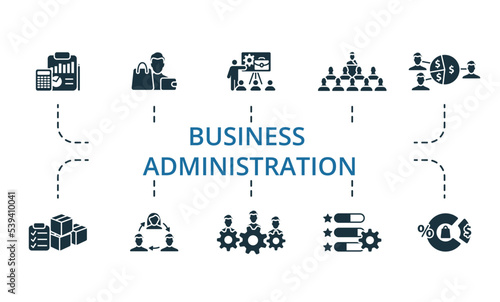 Business Administration icon set. Monochrome simple Business Administration icon collection. Accounting, Buyer, Career Training, Seminar, Profit Sharing, Inventory Control, Job Rotation, Labor