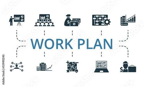 Work Plan icon set. Monochrome simple Work Plan icon collection. Presentation, Audiece, Capital, Business Model, Marketing Plan, Operation Management, Financial Plan, Swot Analysis, Market Analytics